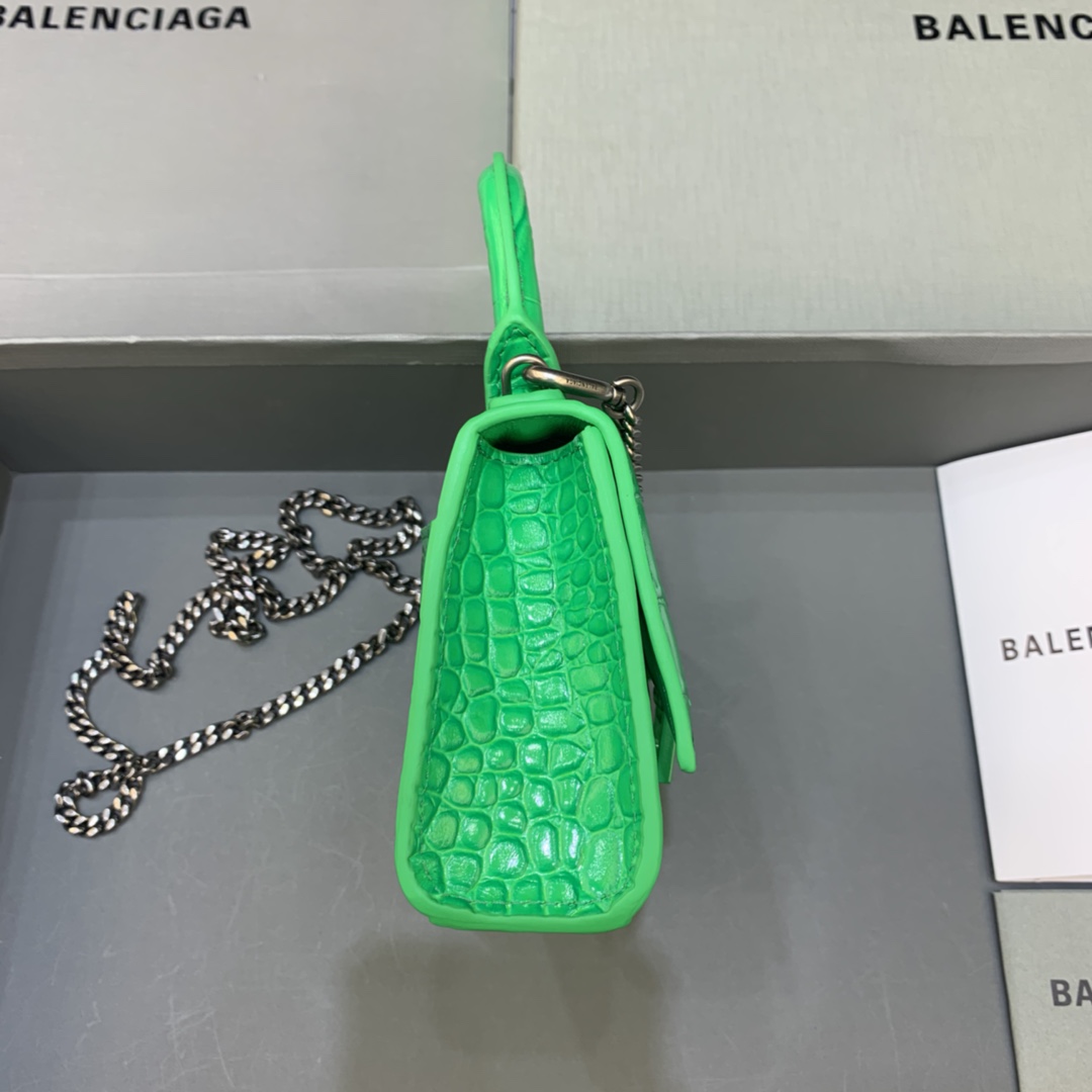 Balenciaga Hourglass Mini Handbag With Chain Crocodile Embossed Shoulder Bag Green